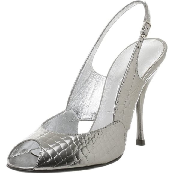 CASADEI 6027 Peep Toe Slingback High Heels in Silver Metallic Steel Sz. 7 - Picture 2 of 11